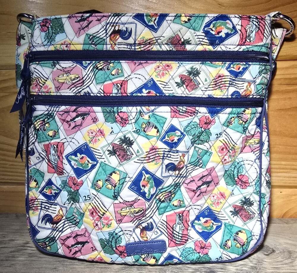 Vera Bradley Cuban Stamps Prints Medium Quilted Crossbody Bag Triple Zip Purse